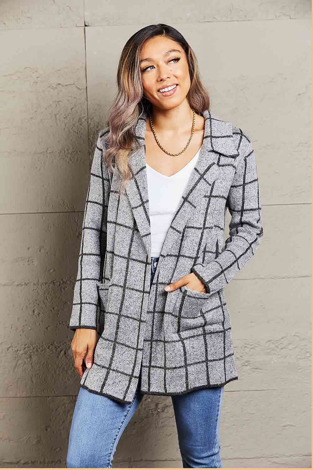 Amina™ - Double Take Bedruckte Strickjacke mit offenem Reverskragen und Taschen [Letzter Tag Rabatt]