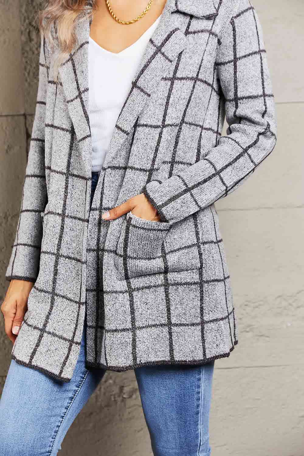 Amina™ - Double Take Bedruckte Strickjacke mit offenem Reverskragen und Taschen [Letzter Tag Rabatt]