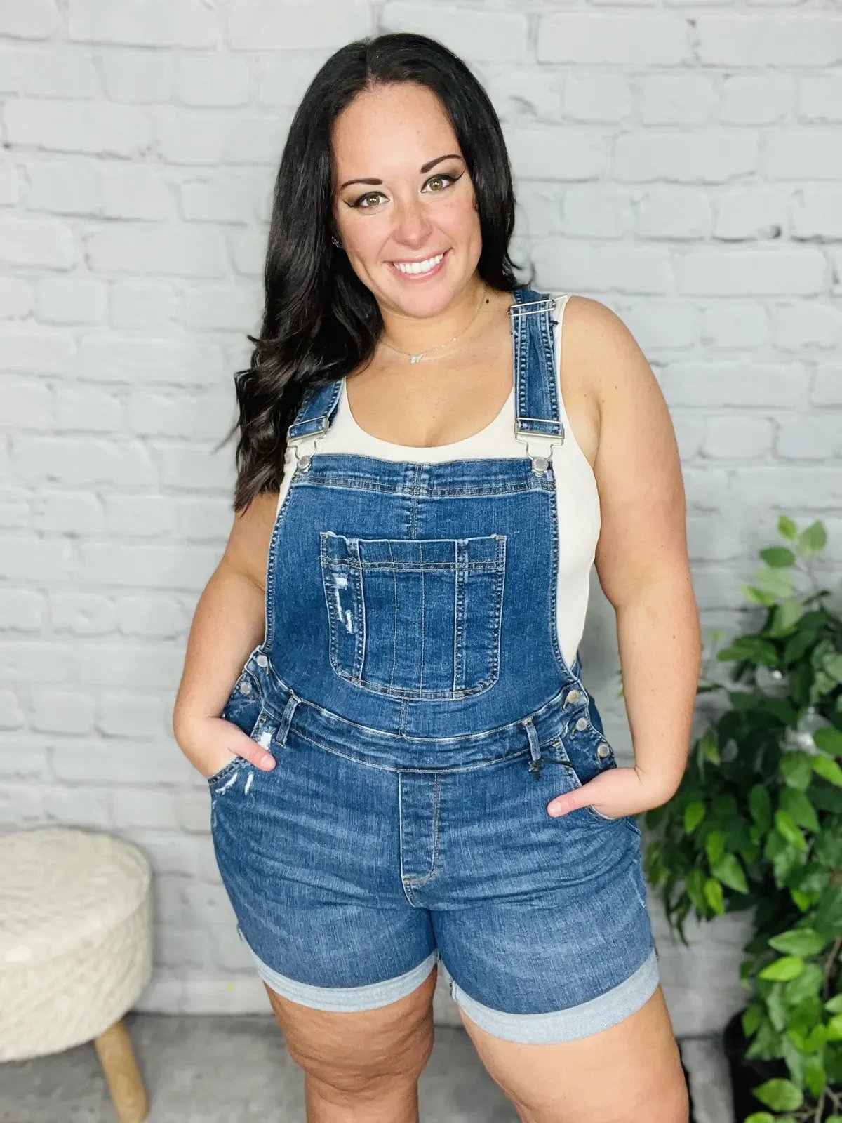 Blauwe denim overall met hoge taille shorts