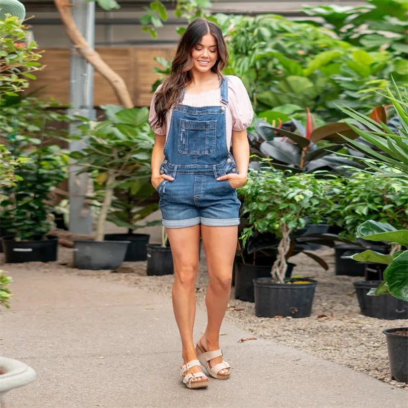 Blauwe denim overall met hoge taille shorts